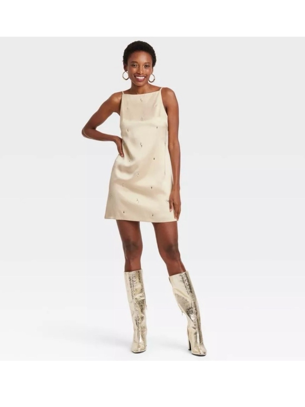 A New Day Cream Embellished Satin Dress